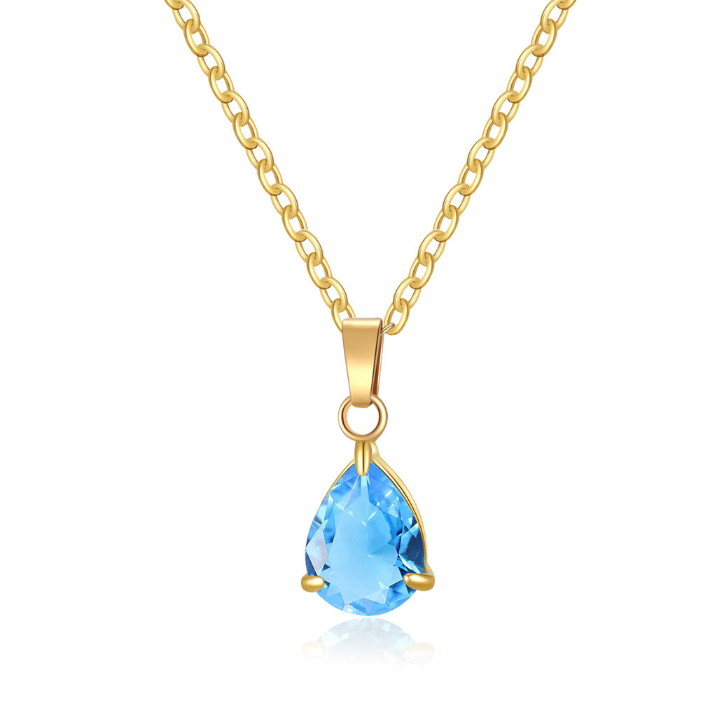 Stainless Steel Pear Cut CZ Teardrop Pendant Necklace - Aqua-Necklaces-2-Glitters