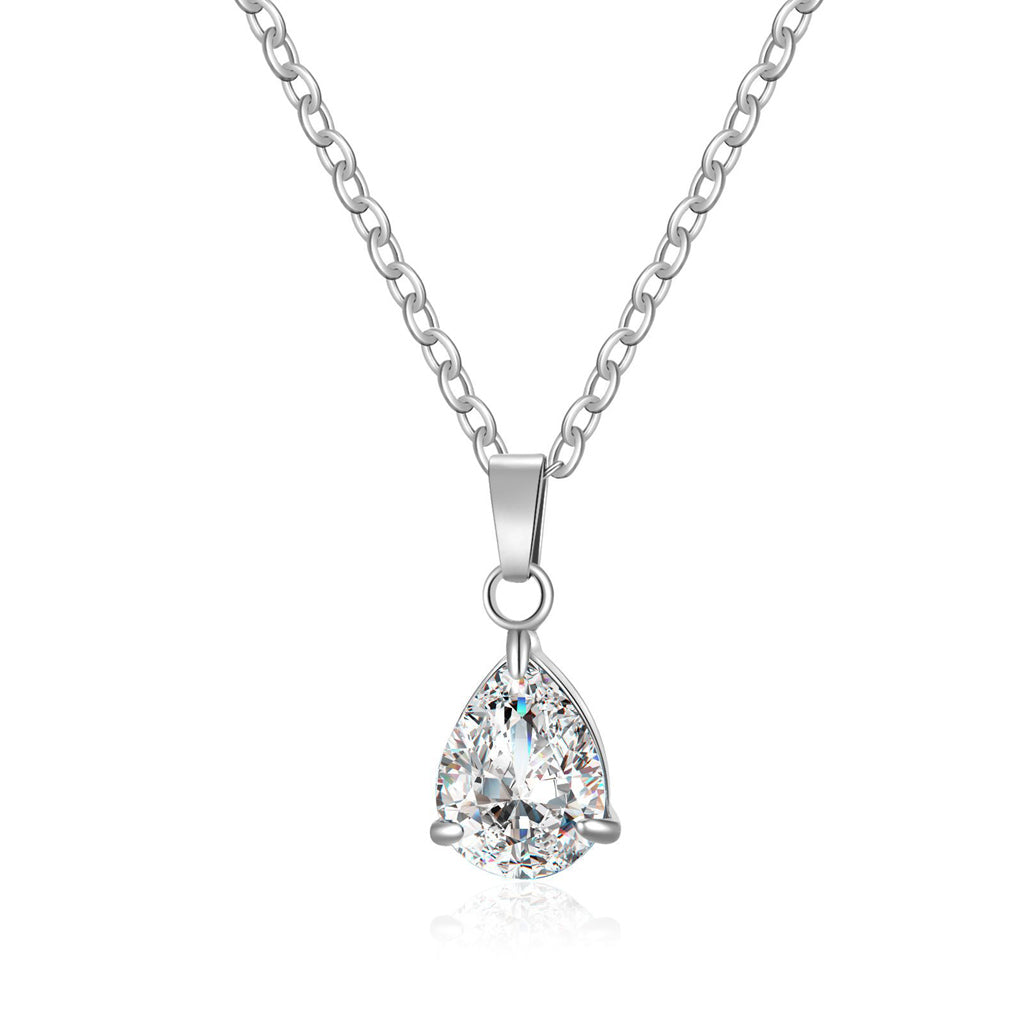 Stainless Steel Pear Cut CZ Teardrop Pendant Necklace - Clear-Necklaces-1-Glitters