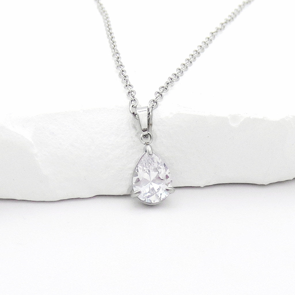 Stainless Steel Pear Cut CZ Teardrop Pendant Necklace - Clear-Necklaces-3-Glitters
