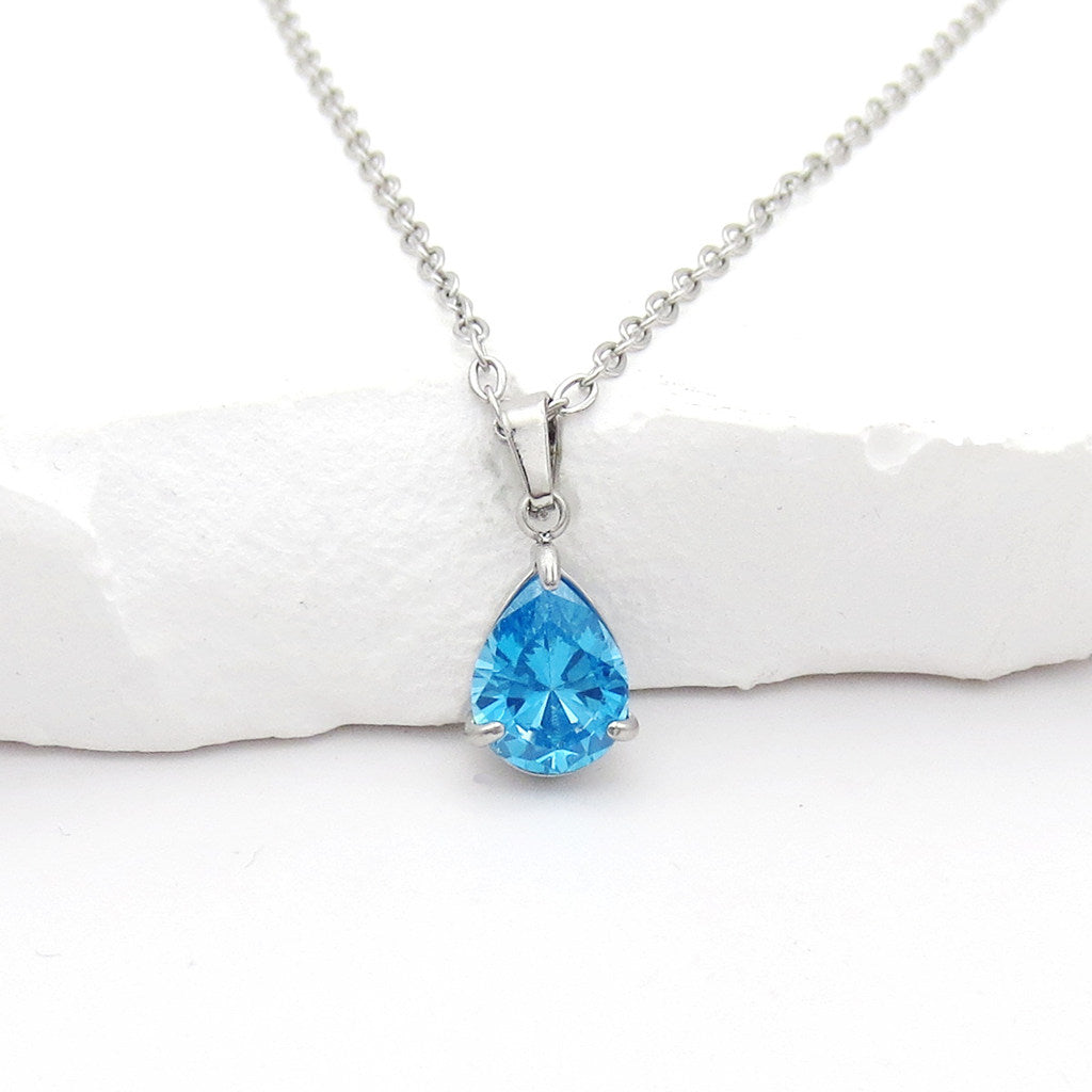 Stainless Steel Pear Cut CZ Teardrop Pendant Necklace - Aqua-Necklaces-3-Glitters