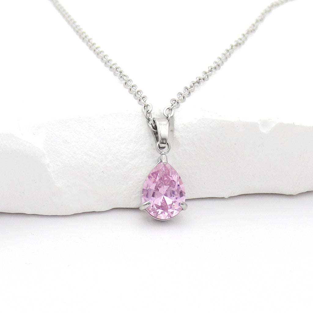 Stainless Steel Pear Cut CZ Teardrop Pendant Necklace - Pink-Necklaces-3-Glitters