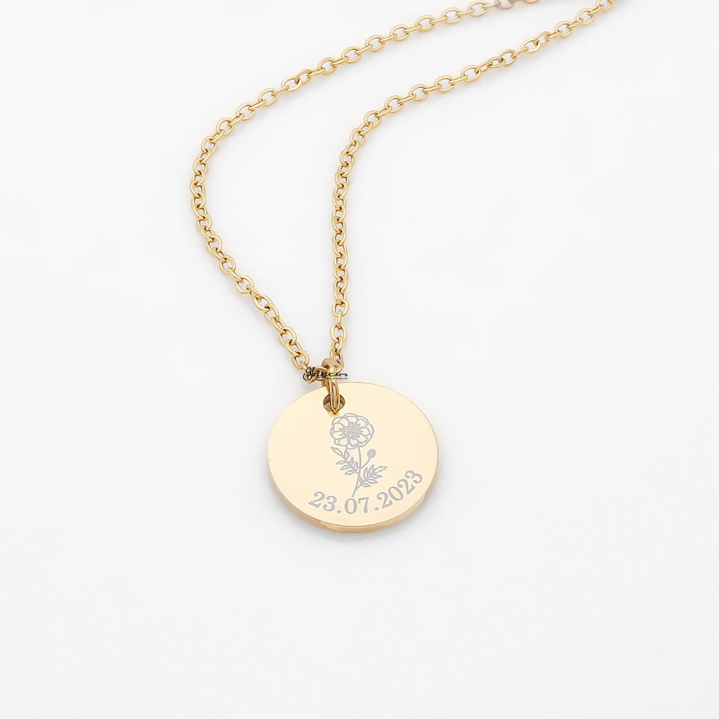 Personalised Round Disc Necklace - Name | Birth Flower | Date-Personalised Jewellery-2-Glitters