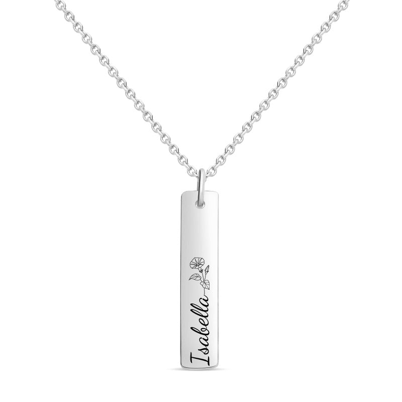 Personalised Vertical Bar Necklace - Birth Flower & Name-Personalised Necklaces-1-Glitters