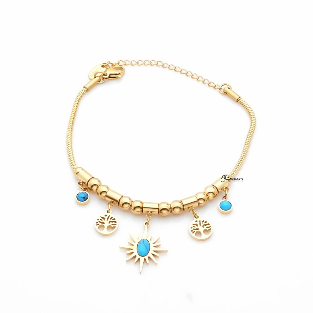 Stainless Steel Bracelet with Tree of Life and Turquoise Charms - Gold-Stainless Steel Bracelets-1-Glitters