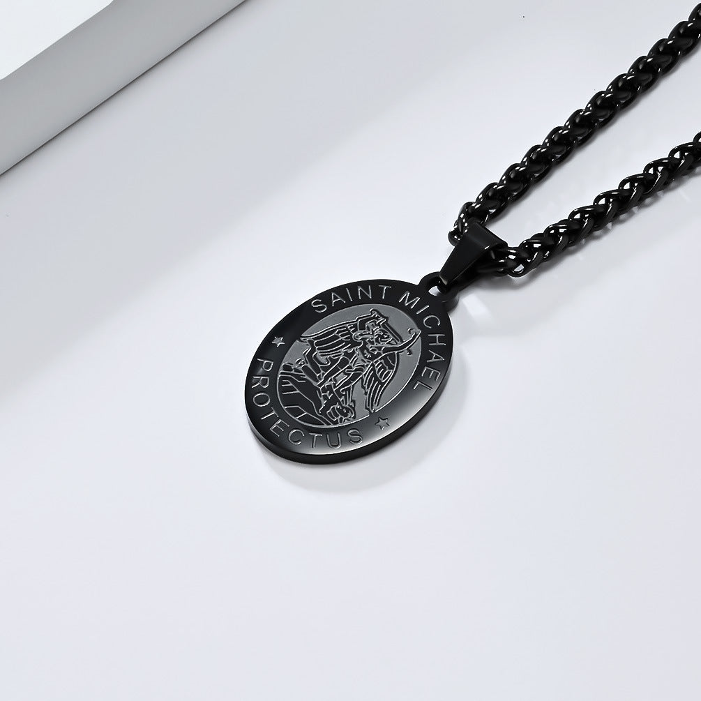 Stainless Steel St. Michael Oval Shape Pendant - Black-Pendants-2-Glitters