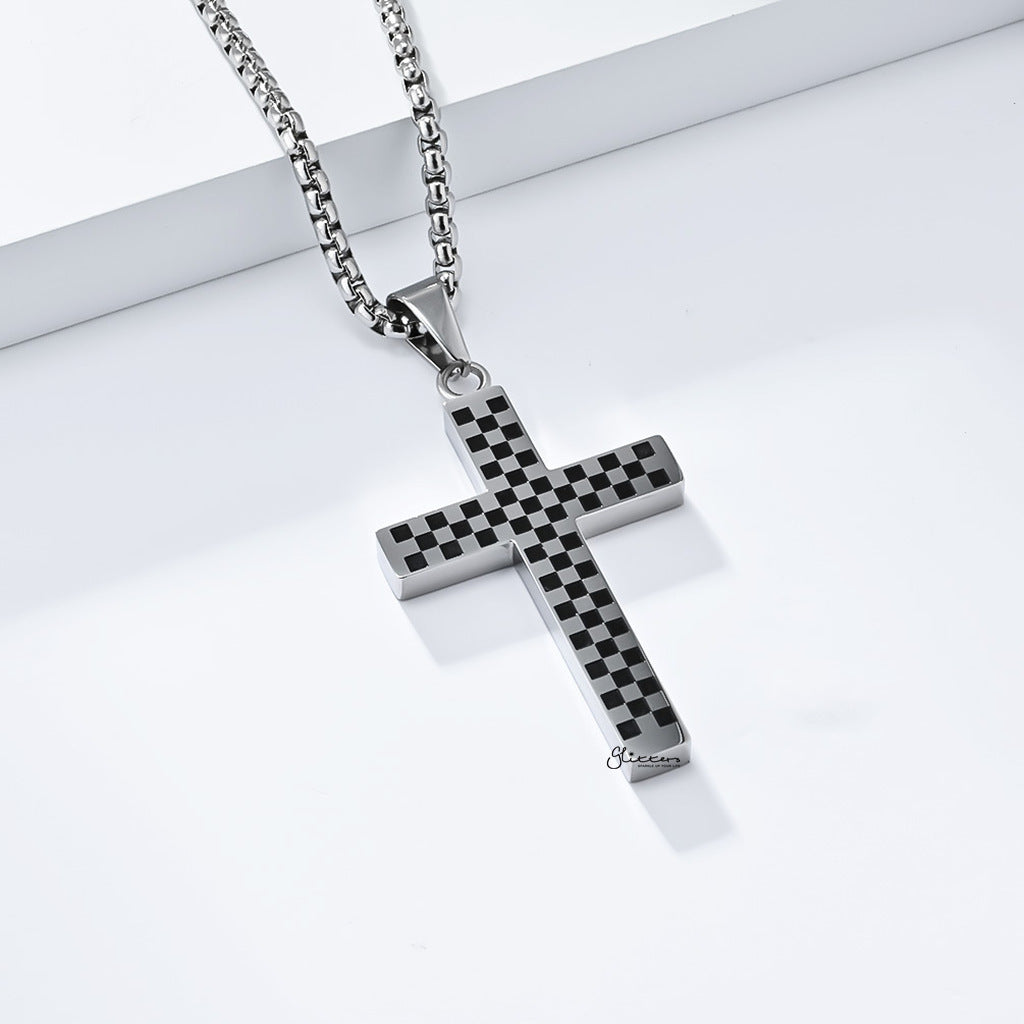 Stainless Steel Black & White Checkered Cross Pendant-Pendants-2-Glitters