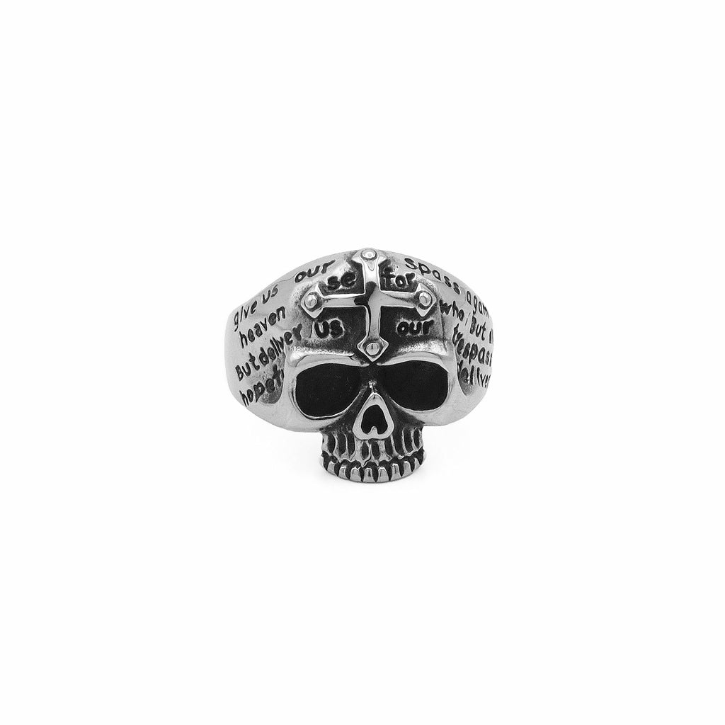 Stainless Steel Skull Ring with Cross and Script Engraving