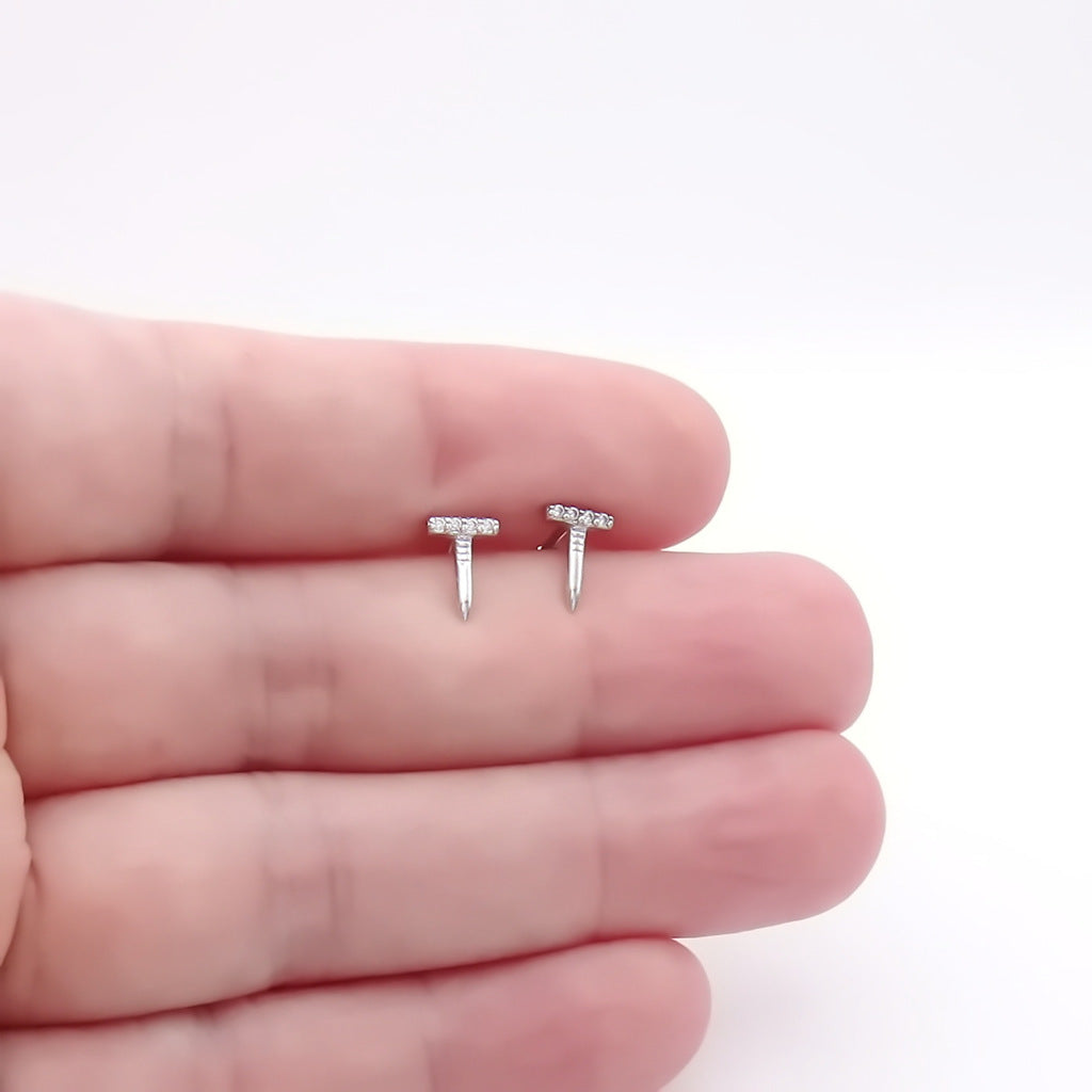 Sterling Silver Nail CZ Stud Earrings