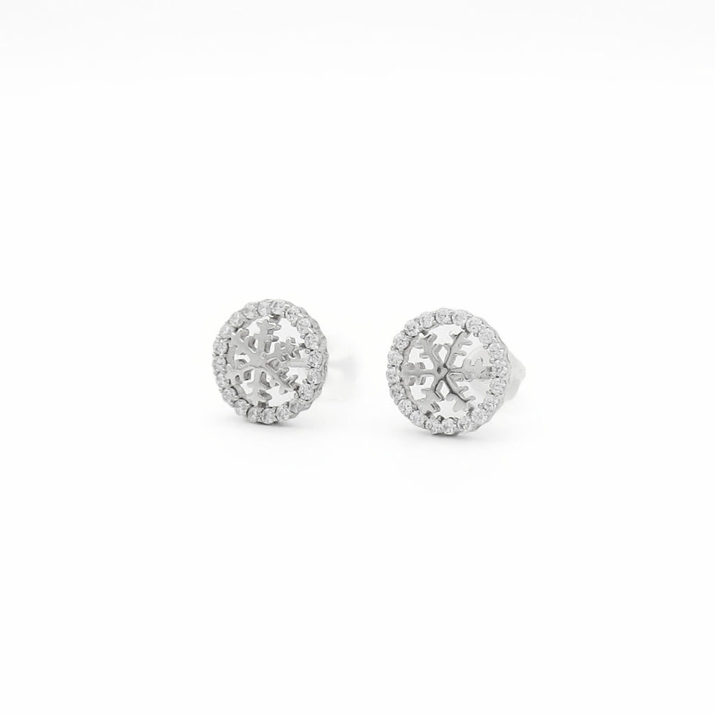 Sterling Silver Round Snowflake CZ Stud Earrings
