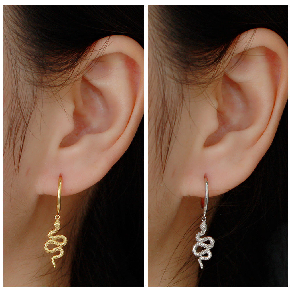 Sterling Silver Huggie Hoop Earrings with Dangle Snake - Gold-Hoop Earrings-2-Glitters