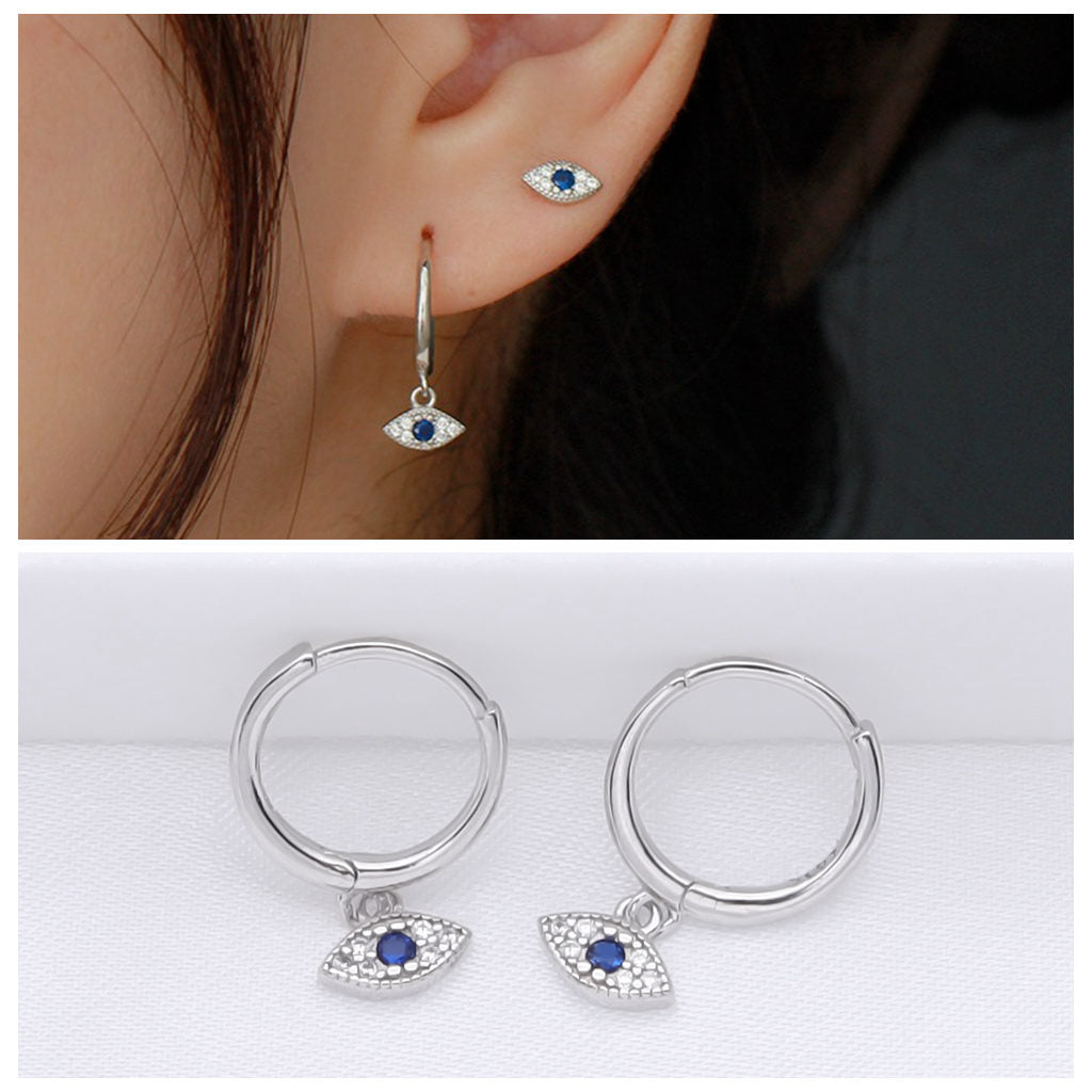 Sterling Silver Evil Eye Charm Huggie Hoop Earrings - Silver-Hoop Earrings-3-Glitters