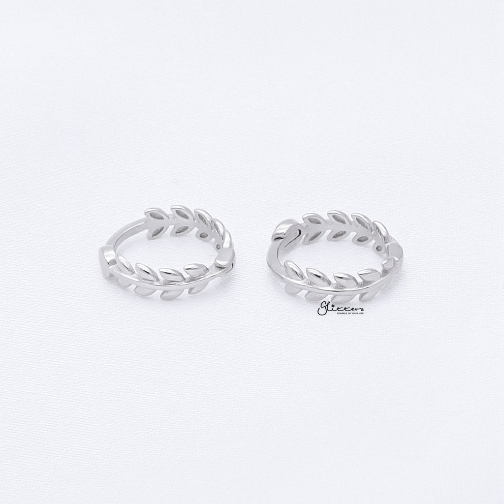 Sterling Silver Leaves Huggie Hoop Earrings - Silver-Stud Earrings-3-Glitters