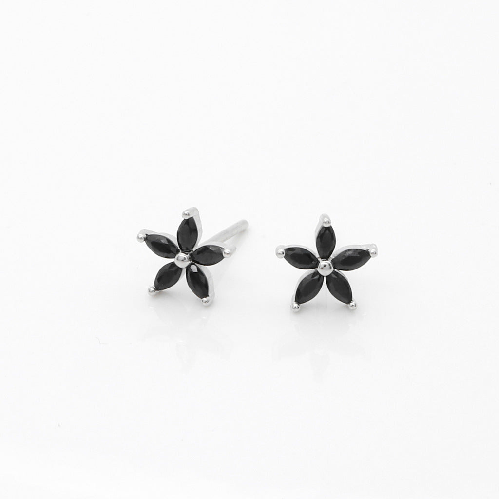 Black CZ Flower Stud Earrings-Stud Earrings-1-Glitters