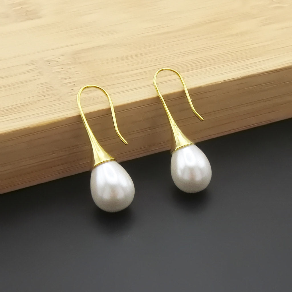 Teardrop Pearl Sterling Silver Hook Earrings - Gold