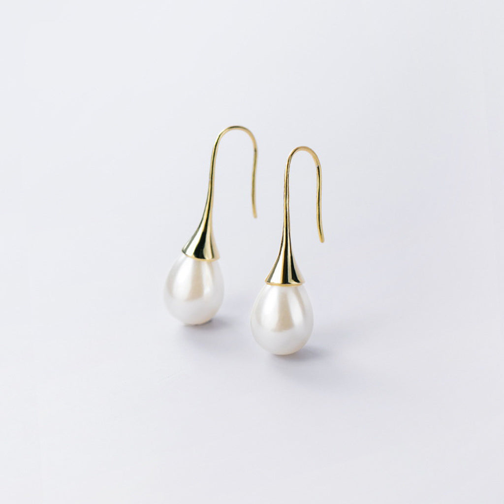 Teardrop Pearl Sterling Silver Hook Earrings - Gold