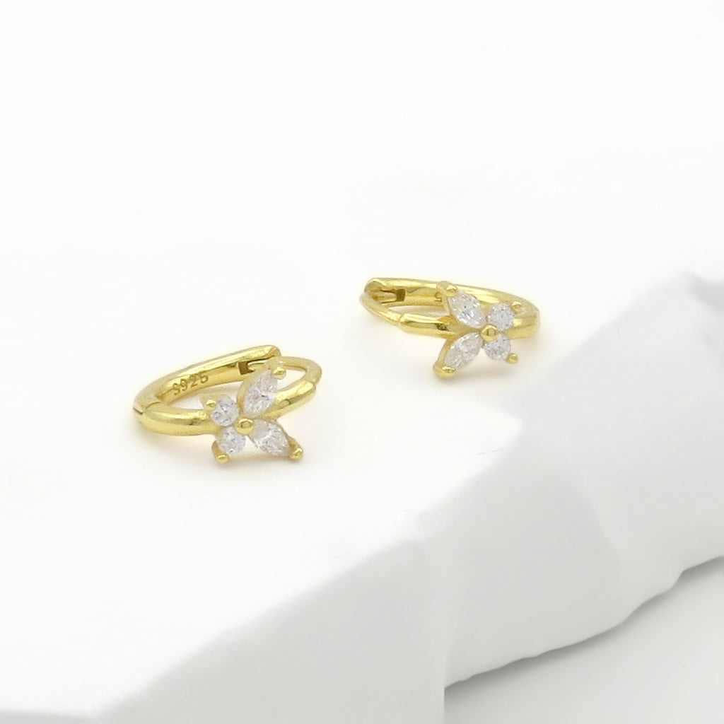 CZ Butterfly Sterling Silver Huggie Hoop Earrings - Gold-Hoop Earrings-2-Glitters