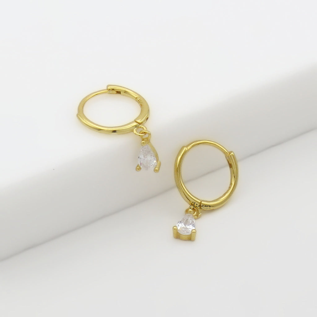 CZ Teardrop Charm Sterling Silver Hoop Earrings - Gold-Hoop Earrings-3-Glitters