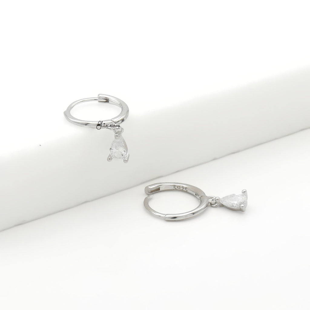 CZ Teardrop Charm Sterling Silver Hoop Earrings - Silver-Hoop Earrings-4-Glitters