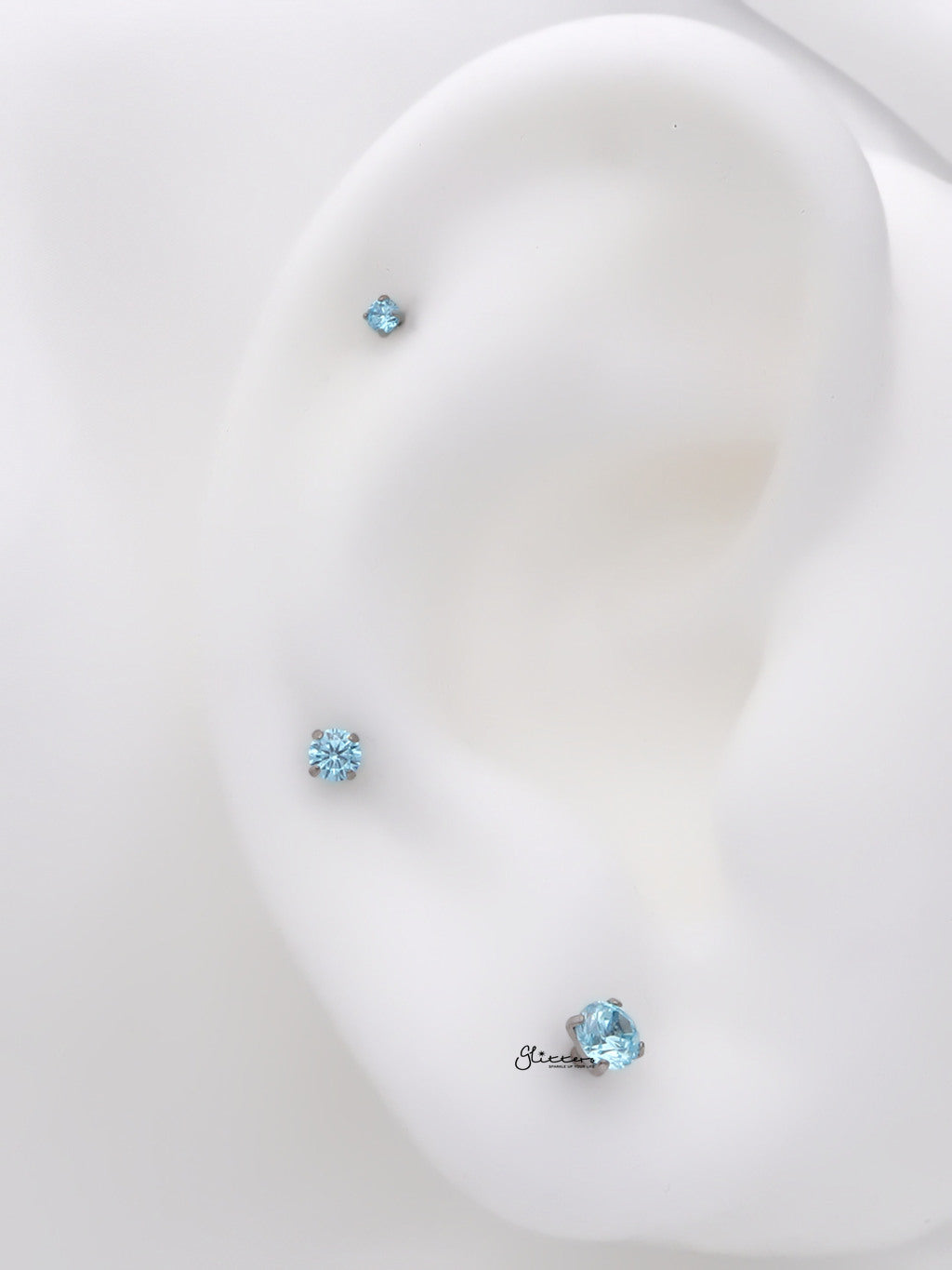 Round CZ Top Internally Threaded Titanium Flat Back Stud Earrings - Aqua-Tragus | Cartilage | Daith | Conch-4-Glitters