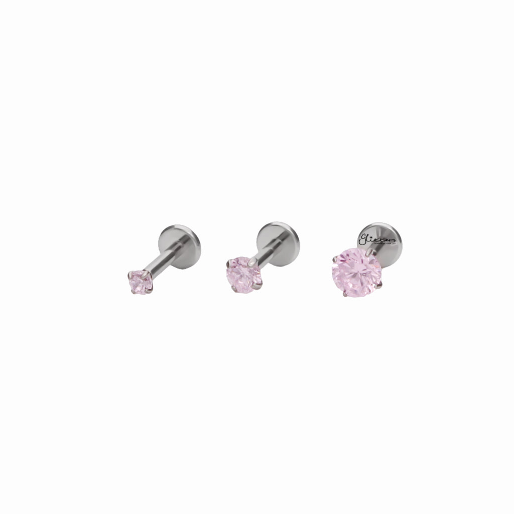 Round CZ Top Internally Threaded Titanium Flat Back Stud Earrings - Pink-Tragus | Cartilage | Daith | Conch-2-Glitters