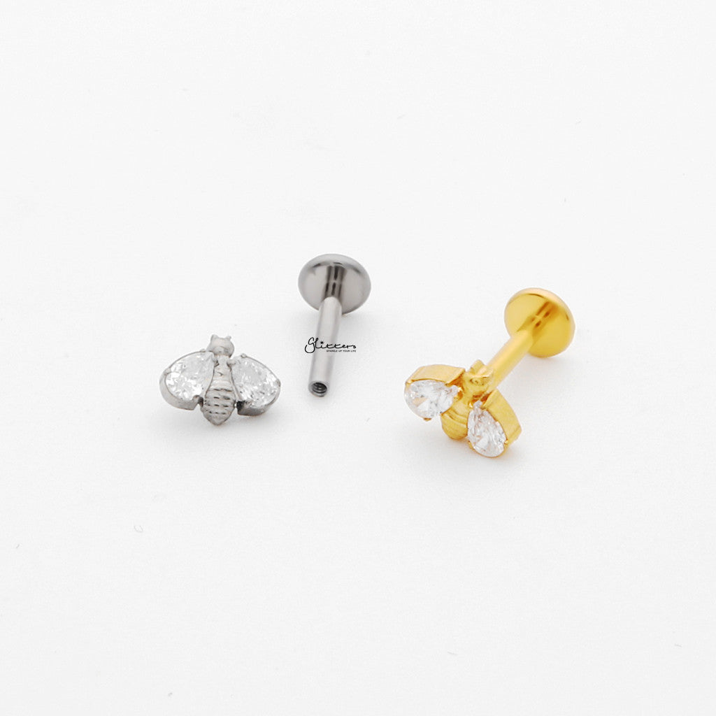 CZ Bee Top Internally Threaded Titanium Flat Back Stud Earrings-Tragus | Cartilage | Daith | Conch-3-Glitters