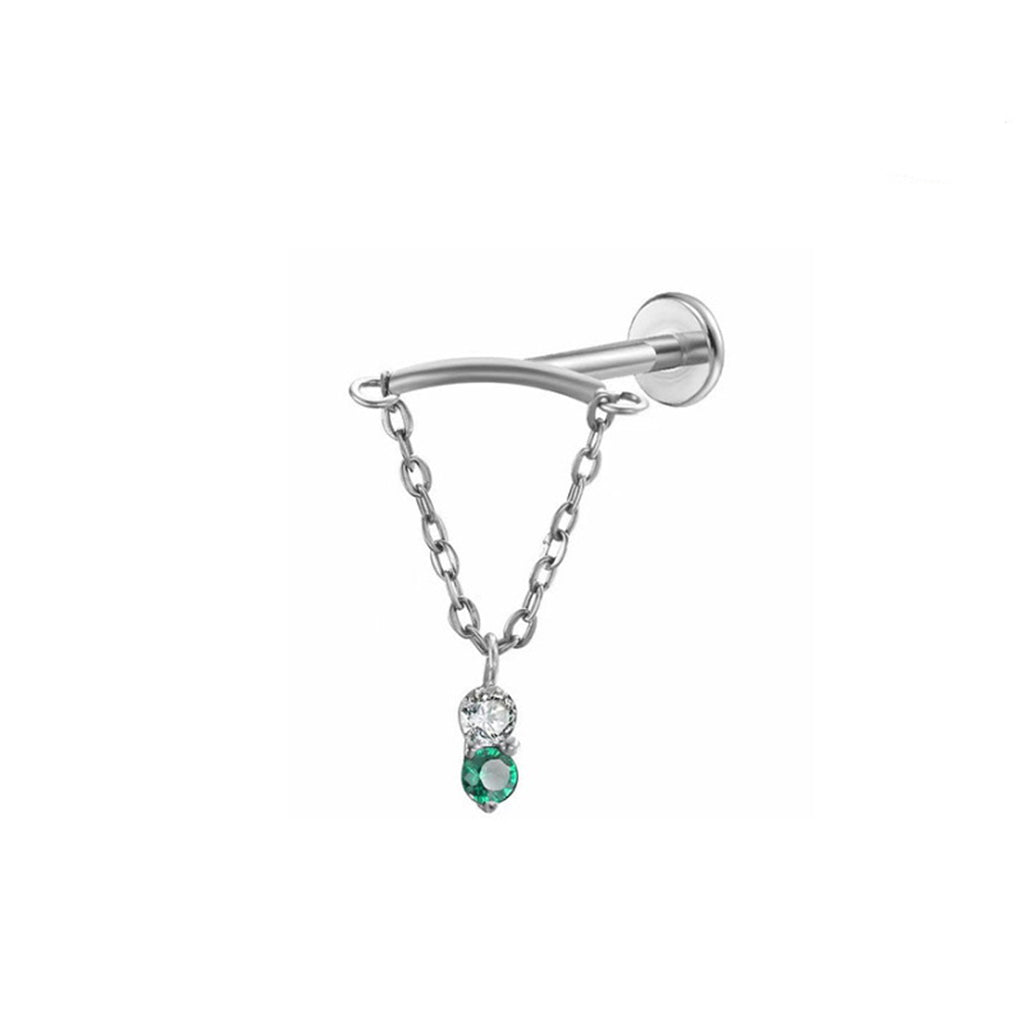 Double CZ with Chain Dangle Titanium Flat Back Stud Earrings