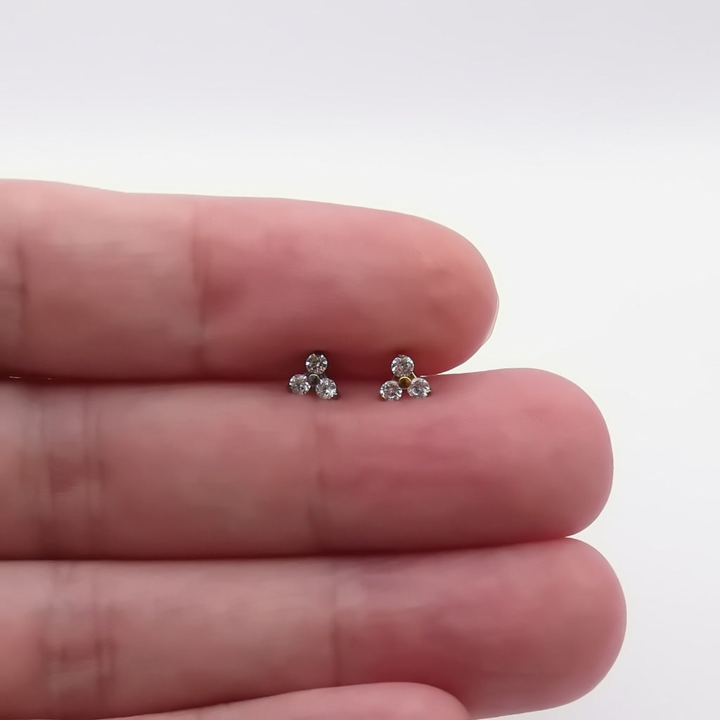 Three CZ Cluster Titanium Flat Back Stud Earring