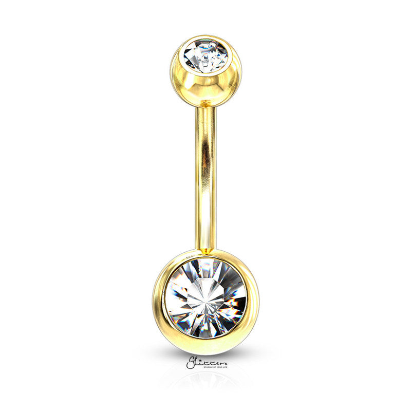 Gold I.P Double Gems Belly Button Navel Ring - Clear-Belly Ring, Body Piercing Jewellery-BJ0058-smlC-Glitters