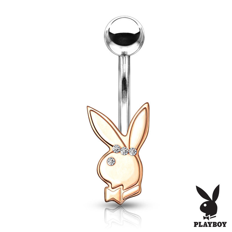 Playboy Bunny with Clear Gem Eye Belly Button Navel Ring - Rose Gold-Belly Ring, Body Piercing Jewellery, Crystal-BJ0336-RG-Glitters