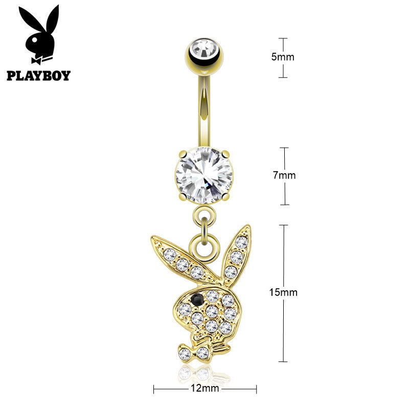 Clear Crystal Paved Playboy Bunny Dangle Belly Button Navel Ring - Gold-Belly Ring, Body Piercing Jewellery, Crystal, Cubic Zirconia-BJ0337-G_New-Glitters