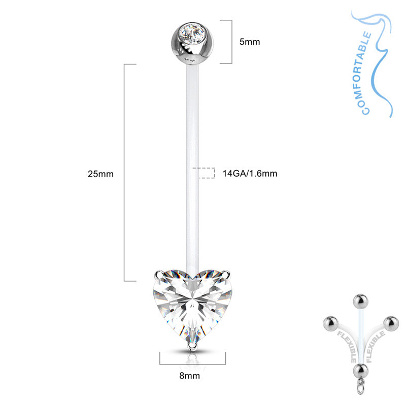 Heart CZ Pregnancy Bioflex Belly Button Ring - Clear-Belly Ring, Bio Flex, Body Piercing Jewellery, Cubic Zirconia, Pregnancy, Retainer-BJ0347-3-Glitters