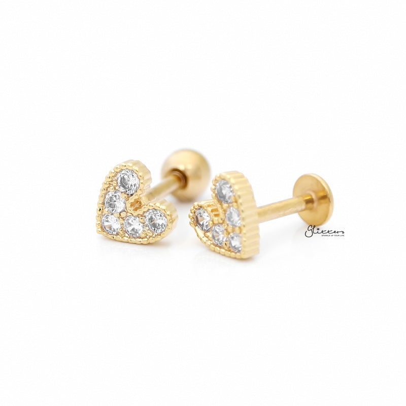 C.Z Paved Heart Cartilage/Tragus Ball End | Flat Back Studs - Gold-Body Piercing Jewellery, Cartilage, Cubic Zirconia, Jewellery, Tragus, Women's Earrings, Women's Jewellery-CZHearttrugus01-Glitters