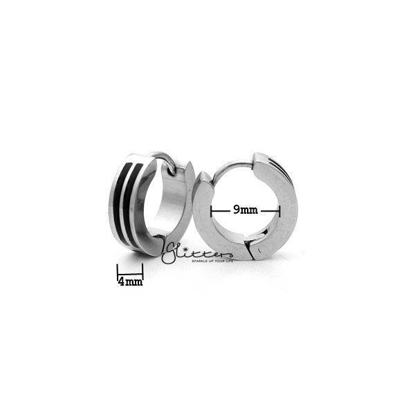 Stainless Steel Two Black Lines Huggie Hoop Men's Earrings-earrings, Hoop Earrings, Huggie Earrings, Jewellery, Men's Earrings, Men's Jewellery, Stainless Steel-ER0121_2BL_600-02_New-Glitters