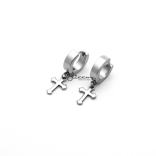 Stainless Steel Dangle Cross Huggie Hoop Earrings - Silver-earrings, Hoop Earrings, Huggie Earrings, Jewellery, Men's Earrings, Men's Jewellery, Stainless Steel-ER1414_SP2_02-Glitters