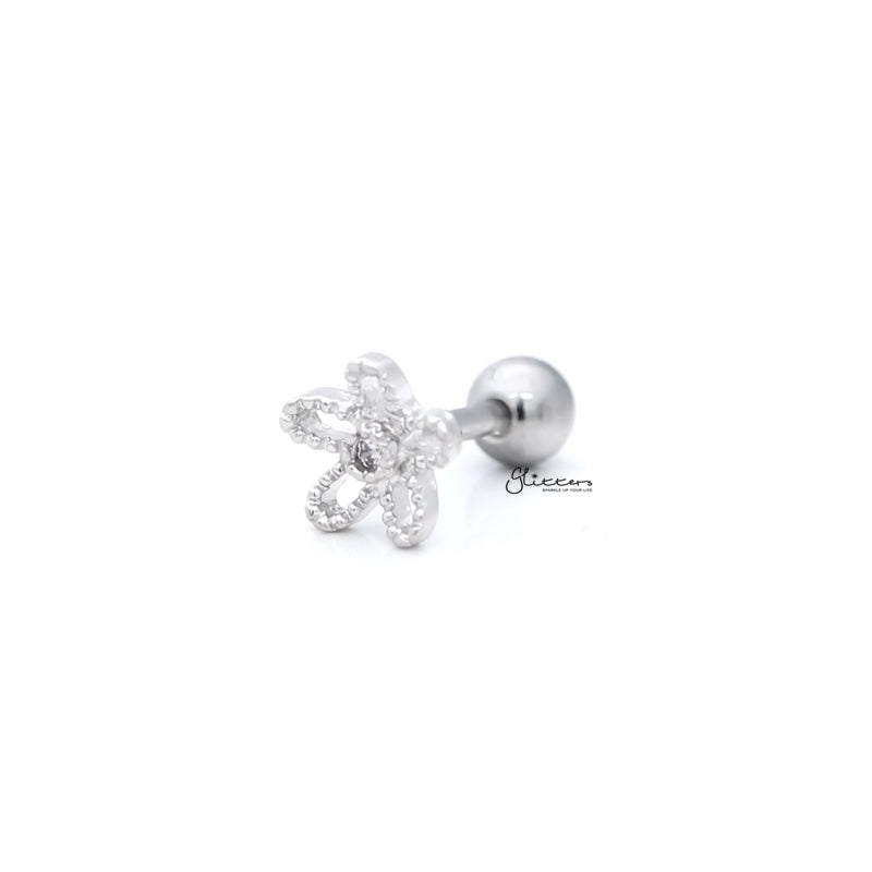 Flower with C.Z Center Cartilage Tragus Barbell - Ball End | Flat Back-Body Piercing Jewellery, Cartilage, Cubic Zirconia, Flat back, Jewellery, Tragus, Women's Earrings, Women's Jewellery-FP0020-HP5-B_1-Glitters