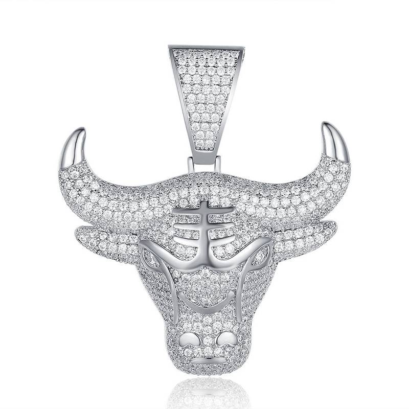 Bull Head Pendant - Silver-Hip Hop, Hip Hop Pendant, Iced Out, Men's Necklace, Necklaces, Pendants-NK1050-S-800-Glitters