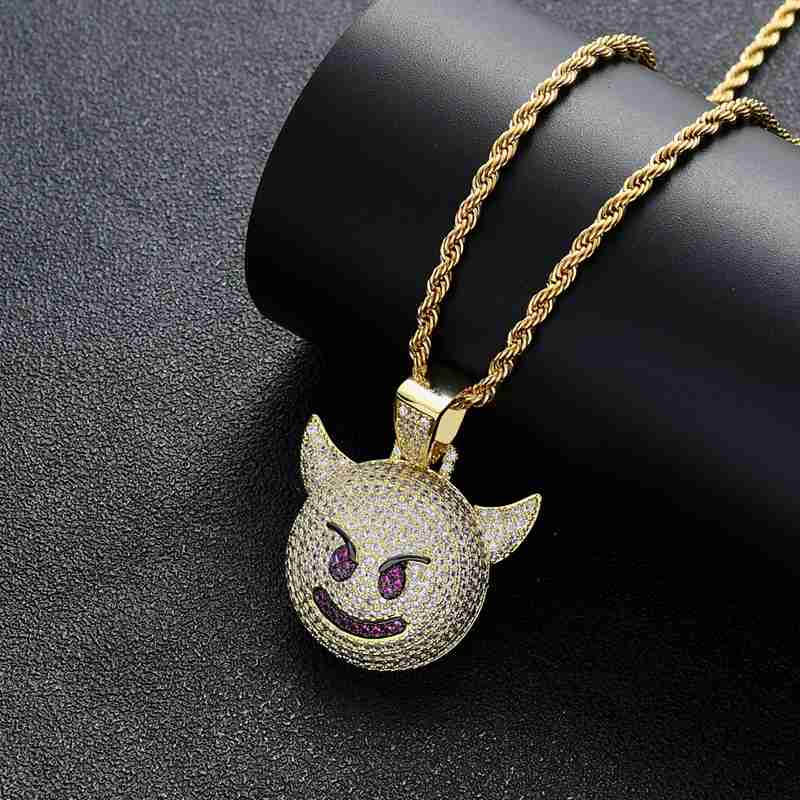 Iced Out Demon Evil Emoji Pendant - Gold-Hip Hop, Hip Hop Pendant, Iced Out, Men's Necklace, Necklaces, Pendants-NK1069-G2-800-Glitters