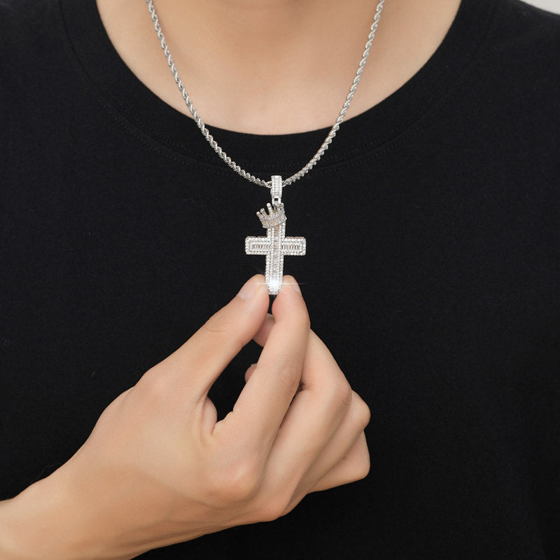 Iced Out Cross with Crown Pendant - Silver-Hip Hop, Hip Hop Pendant, Iced Out, Men's Necklace, Necklaces, Pendants-NK1076M-Glitters
