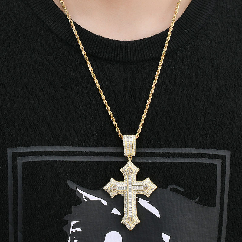 Iced Out Baguette Cut CZ Cross Pendant - Silver-Hip Hop, Hip Hop Pendant, Iced Out, Men's Necklace, Necklaces, Pendants-NK1086M-Glitters