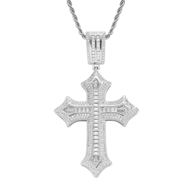 Iced Out Baguette Cut CZ Cross Pendant - Silver-Hip Hop, Hip Hop Pendant, Iced Out, Men's Necklace, Necklaces, Pendants-NK1086S1-Glitters