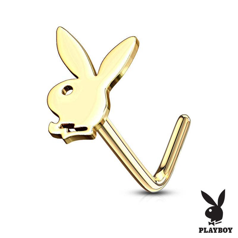 Playboy Bunny Top L Bend Nose Stud - Gold-Body Piercing Jewellery, Nose Piercing Jewellery, Nose Ring, Nose Studs-NS0116-GD-800-Glitters