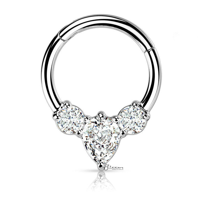 Pear CZ Hinged Segment Septum Ring - Silver-Body Piercing Jewellery, Cartilage, Cubic Zirconia, Daith, Septum Ring-NS0131-S0HingedSegmentwithPearCZ-Glitters