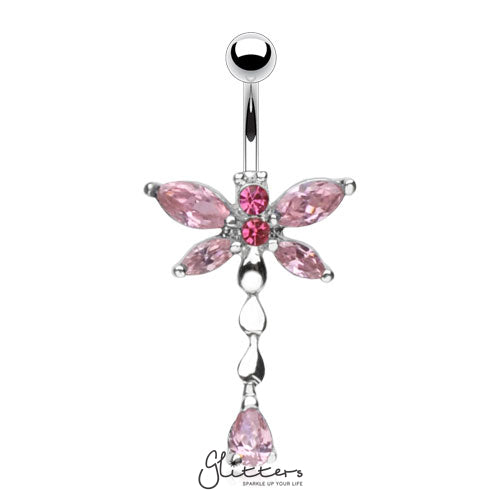 316L Surgical Steel Cubic Zirconia Dragonfly Dangle Belly Ring-Pink-Belly Ring, Body Piercing Jewellery, Cubic Zirconia-NSR6583-P-3-Glitters