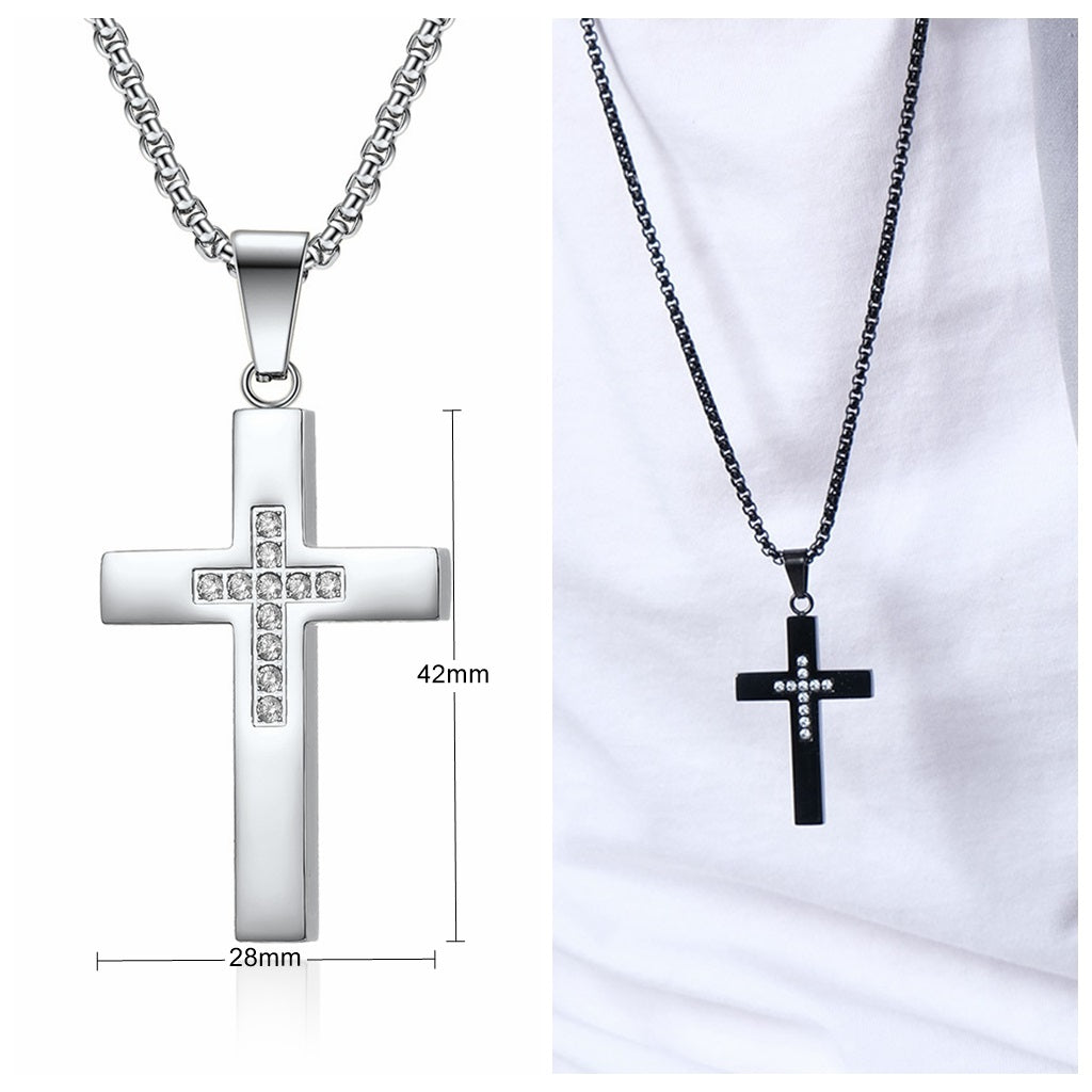 Cross Pendant with C.Z Inlaid in the Middle - Silver-Cubic Zirconia, Jewellery, Men's Jewellery, Men's Necklace, Necklaces, New, Pendants, Stainless Steel, Stainless Steel Pendant-SP0317-S4_New-Glitters