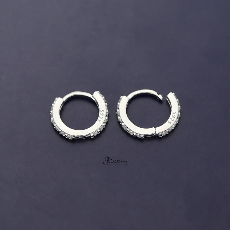 Sterling Silver C.Z Paved One-Touch Huggie Hoop Earrings - Silver-Cubic Zirconia, earrings, Hoop Earrings, Jewellery, Women's Earrings, Women's Jewellery-SSE0369-4_800-Glitters