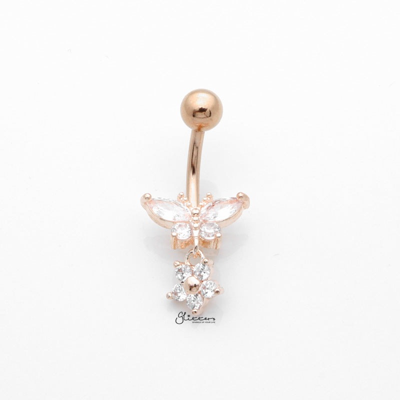 CZ Butterfly with Dangle Flower Belly Button Navel Ring - Rose Gold-Belly Ring, Body Piercing Jewellery, Cubic Zirconia-bj0350-RG_1-Glitters