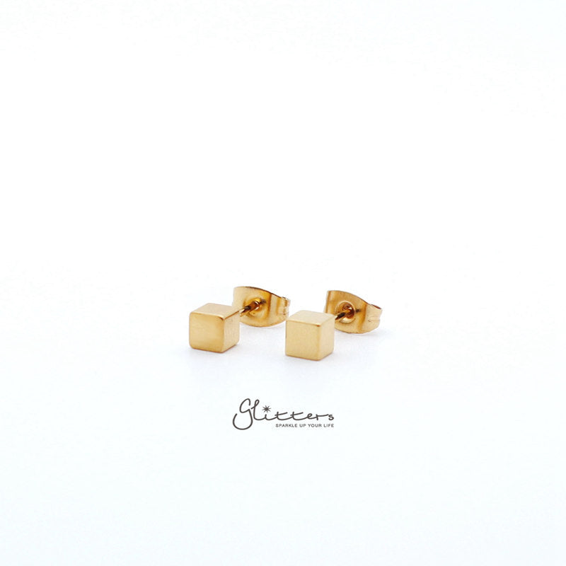 18K Gold IP Stainless Steel Cube Stud Earrings-3mm | 4mm-earrings, Jewellery, Men's Earrings, Men's Jewellery, Stainless Steel, Stud Earrings, Women's Earrings-er1428-new1-Glitters