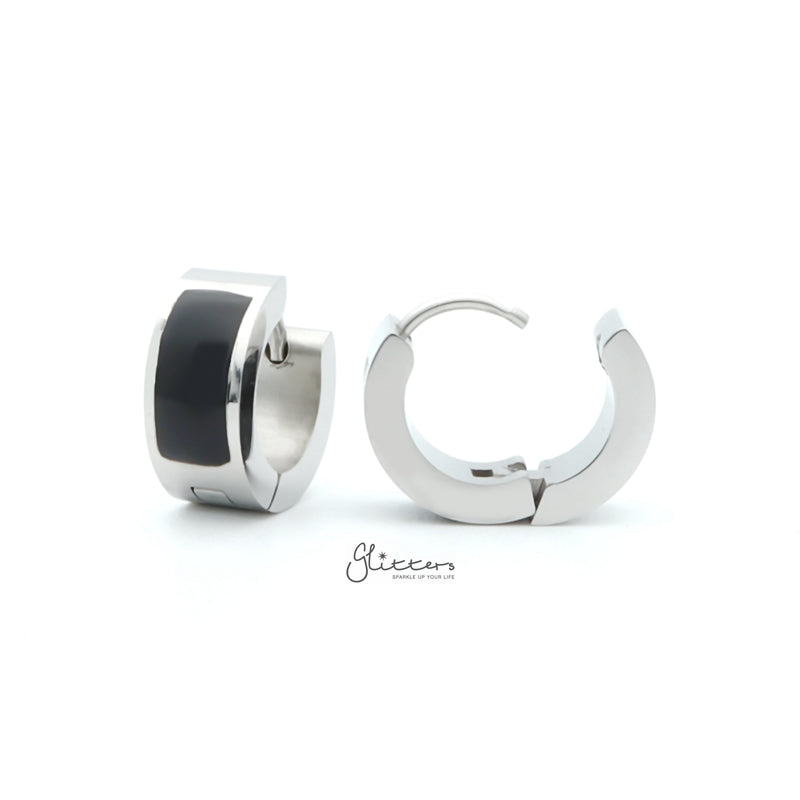 Black Centre Stainless Steel Hinged Hoop Earrings - Silver-earrings, Hoop Earrings, Huggie Earrings, Jewellery, Men's Earrings, Men's Jewellery, Stainless Steel-er1541-s3_800-Glitters