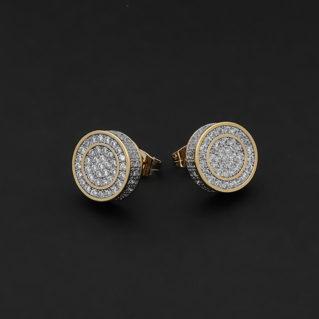 Iced Out 12mm Round Stud Earrings - Gold-Cubic Zirconia, earrings, Hip Hop Earrings, Iced Out, Jewellery, Men's Earrings, Men's Jewellery, New, Stud Earrings, Women's Earrings, Women's Jewellery-er1568-g4_1-Glitters