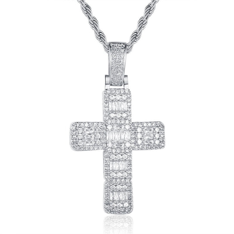 Iced Out Baguette-Cut Cross Pendant - Silver-Hip Hop, Hip Hop Pendant, Iced Out, Jewellery, Men's Necklace, Necklaces, Pendants, Women's Jewellery, Women's Necklace-nk1054-s1-800-Glitters